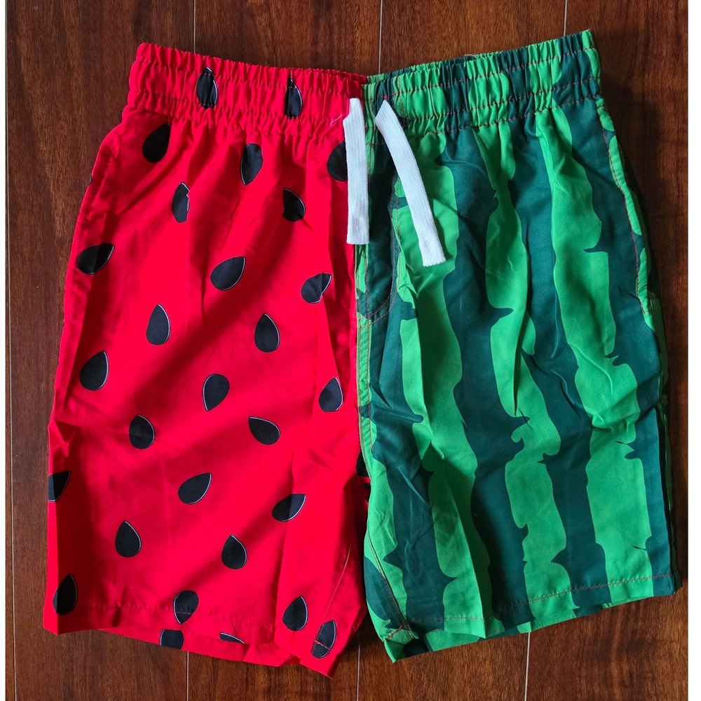 Kids Watermelon Swim Trunks Split Design Red Green Fruit Print Shorts Size 10Y